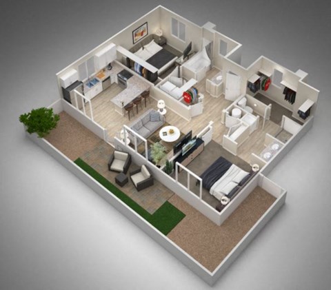 Floor plan for 2 beds, 2 baths, 997 sqft